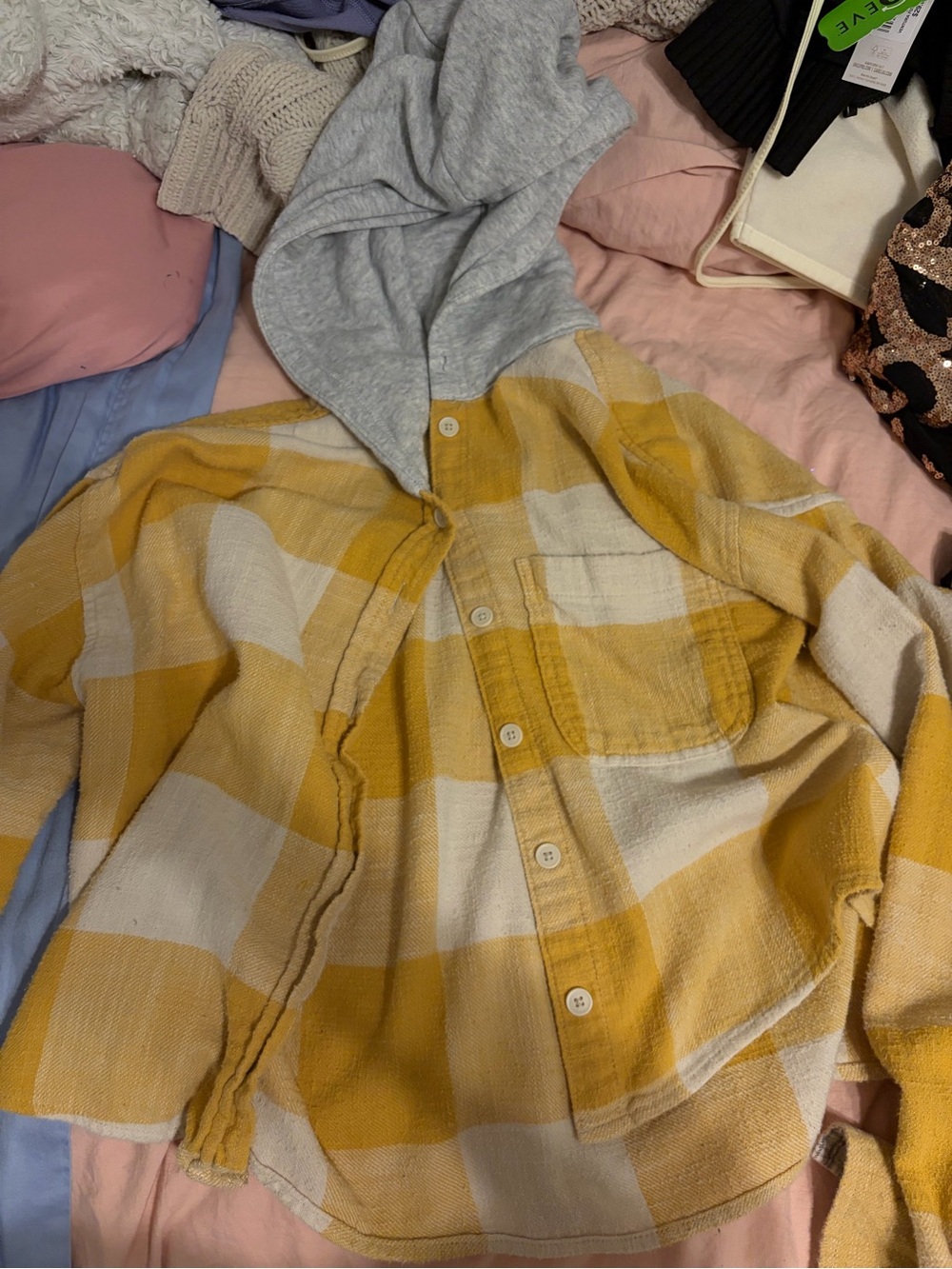 American eagle Yellow and Cream Plaid Button-Up Hoodie Shirt size small